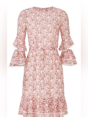 Monique Lhuillier Blush Floral Midi Dress with Ruffle Sleeves